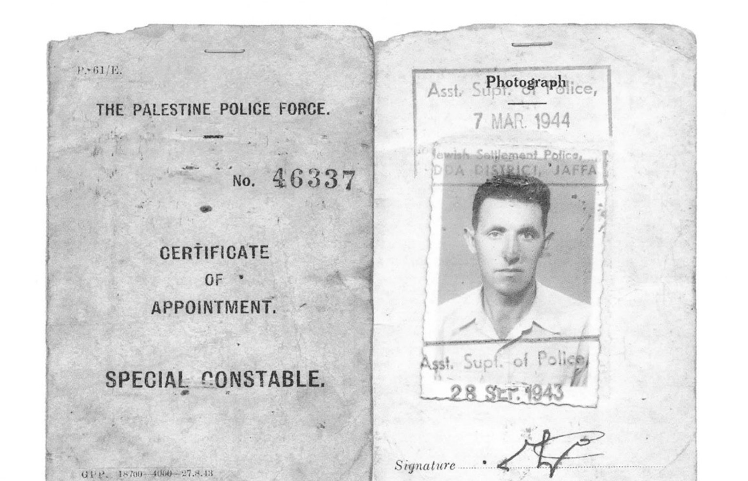 תעודת הנוטר של יצחק לב שהוצאה ב-1943.