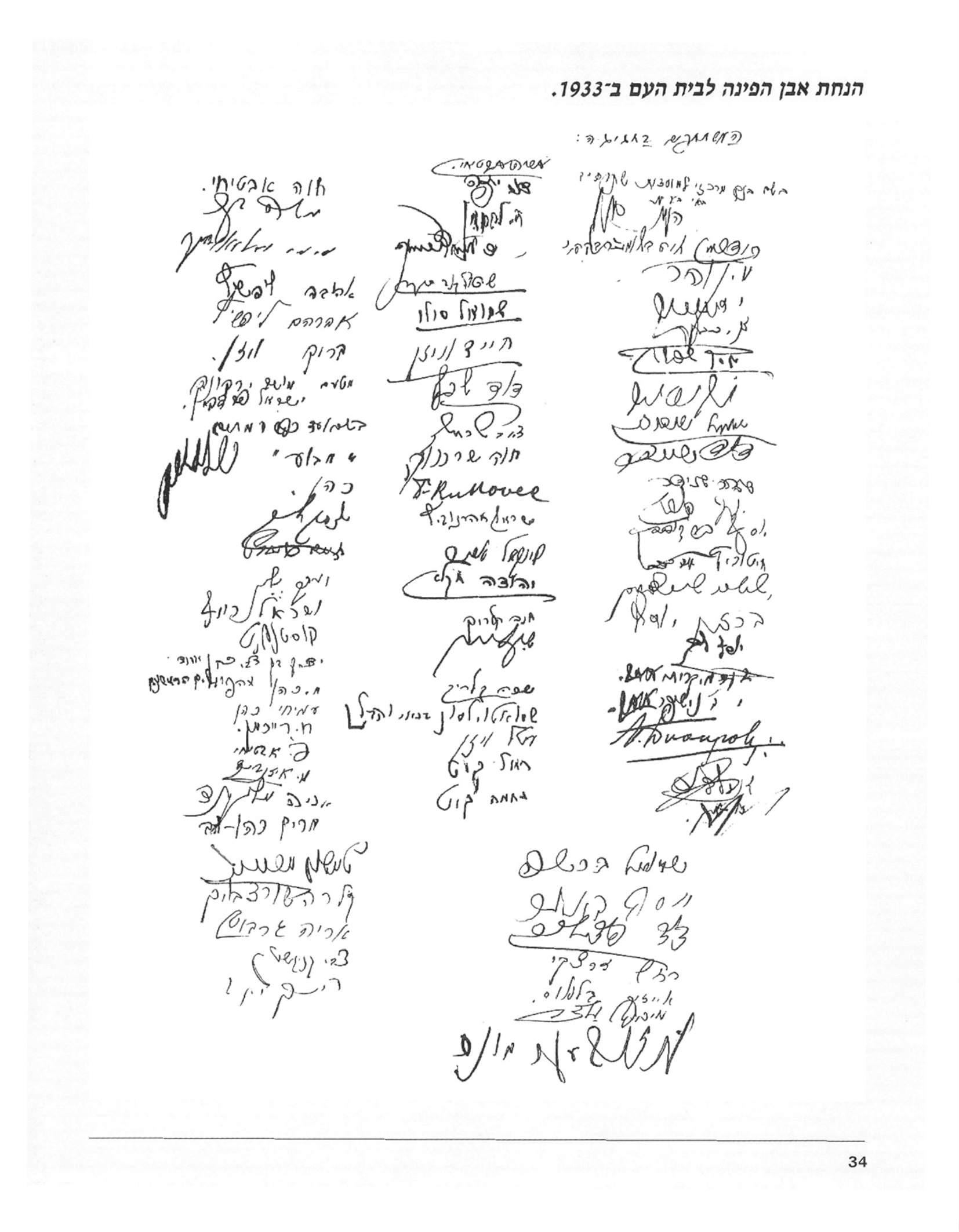 הנחת אבן הפינה לבית העם ב-1933 - דף חתימות בכתב יד