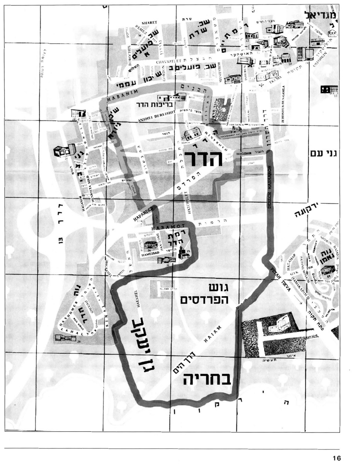 מפת שכונת הדר בהוד השרון, עם רחובות: הבנים, הפרדס, התכלת, האורנים, ועוד